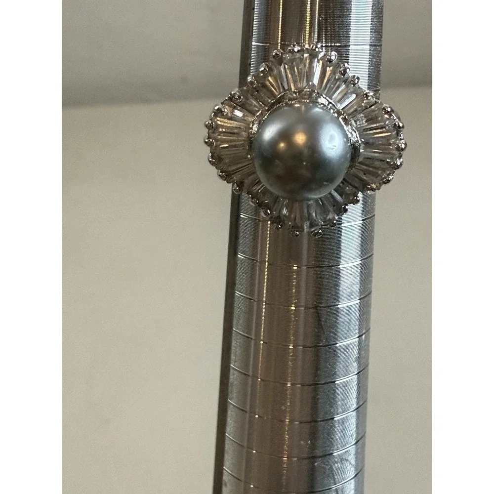 Vintage Grey Pearl Ballerina Cocktail Ring Baguette Crystal Statement Fashion